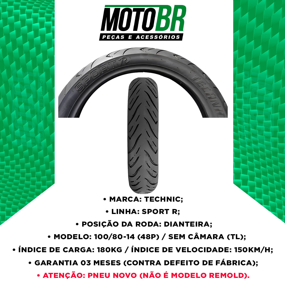 Pneu Moto Technic Aro 14 Sport R 100/80R14 48P TL - Dianteiro