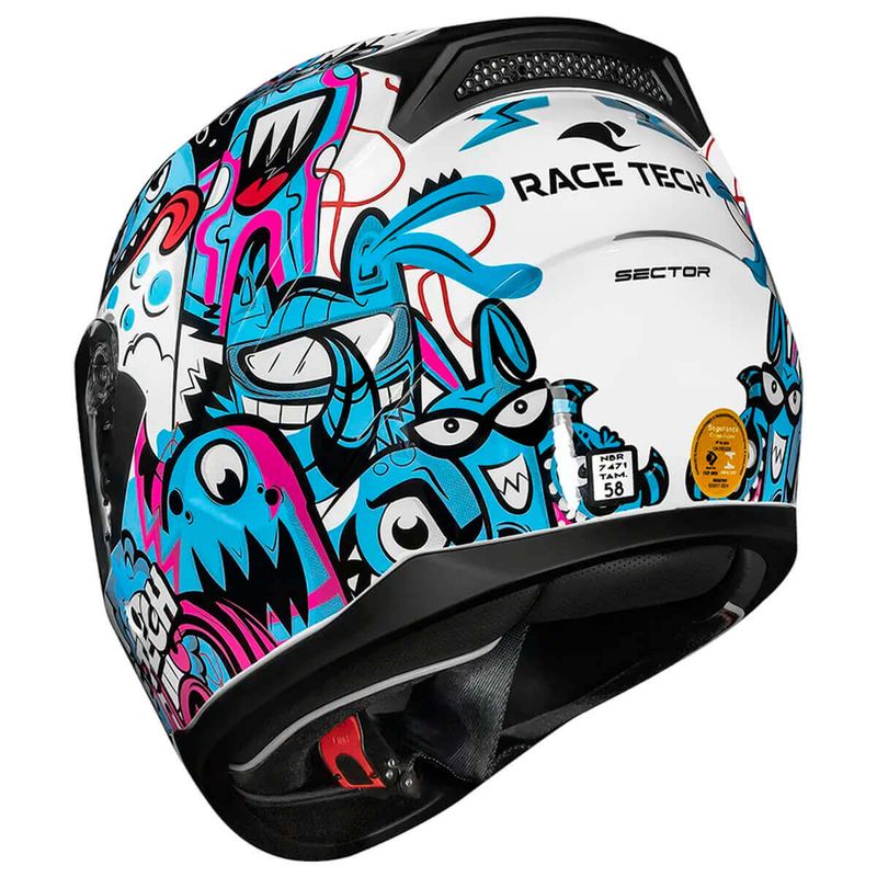 Capacete Fechado Race Tech Sector Monsters Branco Azul - MotoBR Capacete Fechado Race Tech Sector Monsters Branco Azul - MotoBR
