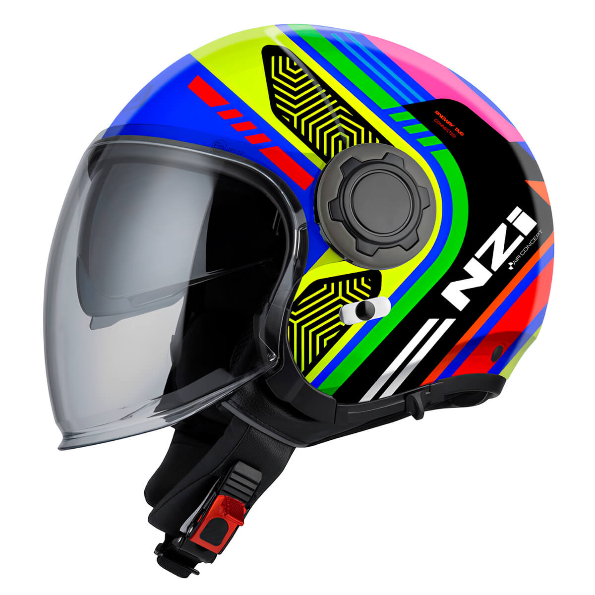 Capacete Aberto NZI Ringway Duo Connected Azul Verde Neon