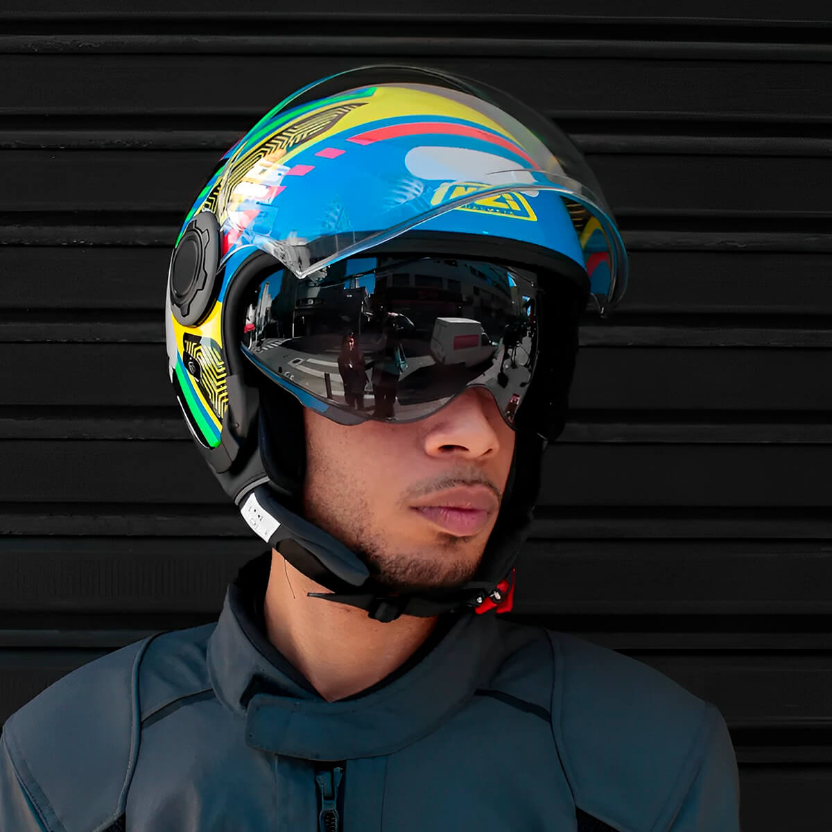 Capacete Aberto NZI Ringway Duo Connected Azul Verde Neon - MotoBR